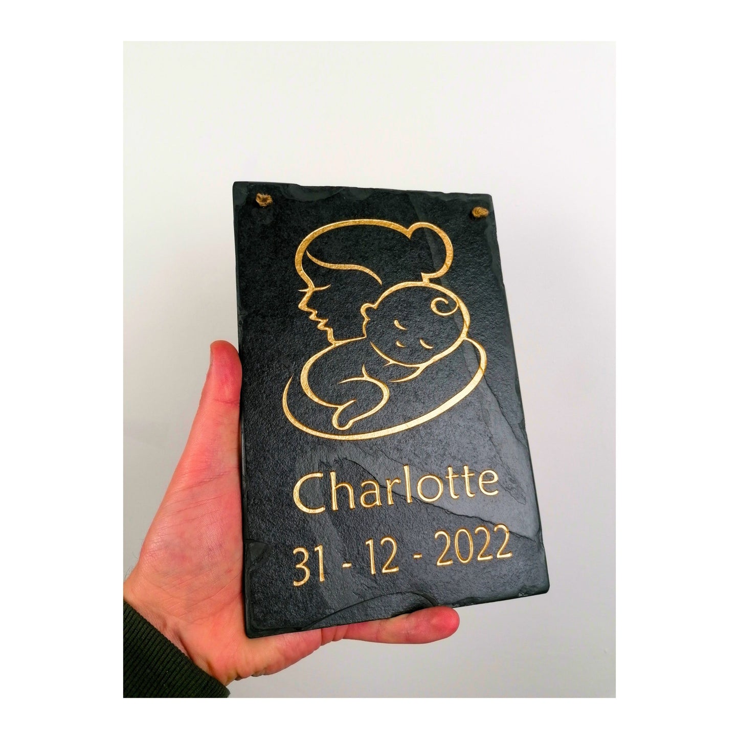 Gifts for Newborn Child Baby | Personalised Custom Art Drawing | Natural Slate Deep Engraved | Simple Line Art | Rustic Unique Bespoke Gift