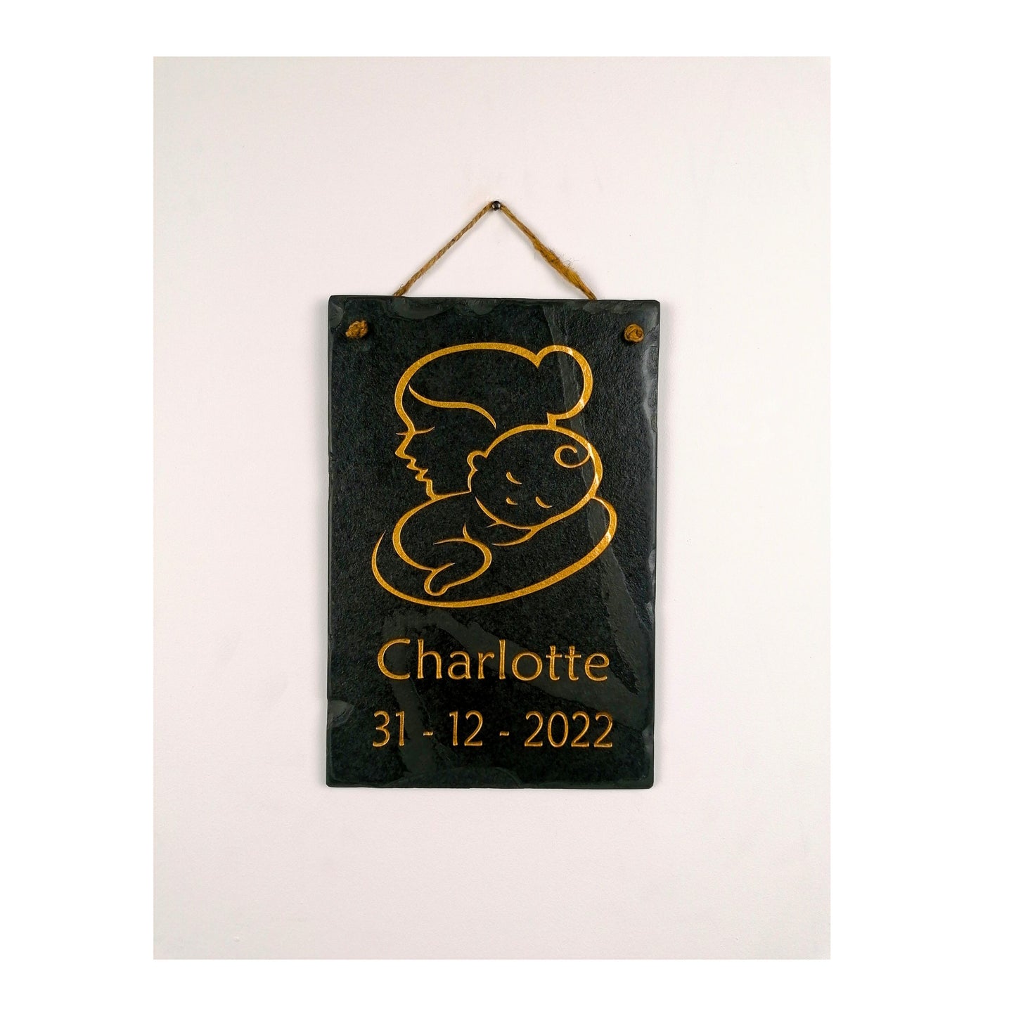 Gifts for Newborn Child Baby | Personalised Custom Art Drawing | Natural Slate Deep Engraved | Simple Line Art | Rustic Unique Bespoke Gift