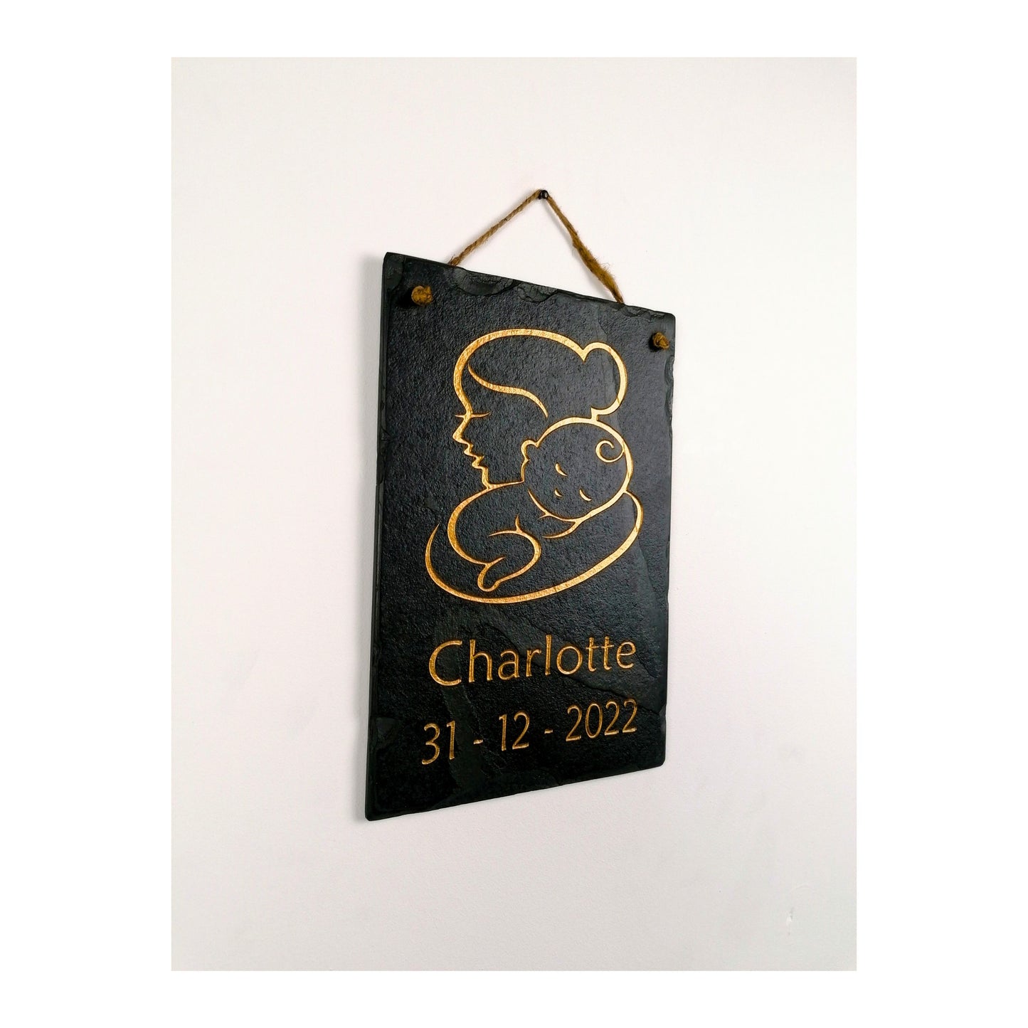 Gifts for Newborn Child Baby | Personalised Custom Art Drawing | Natural Slate Deep Engraved | Simple Line Art | Rustic Unique Bespoke Gift