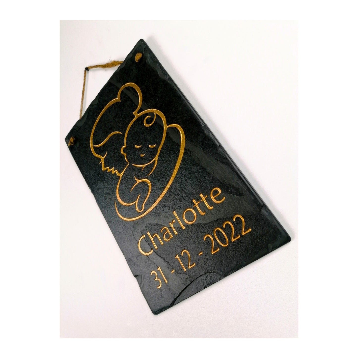 Gifts for Newborn Child Baby | Personalised Custom Art Drawing | Natural Slate Deep Engraved | Simple Line Art | Rustic Unique Bespoke Gift
