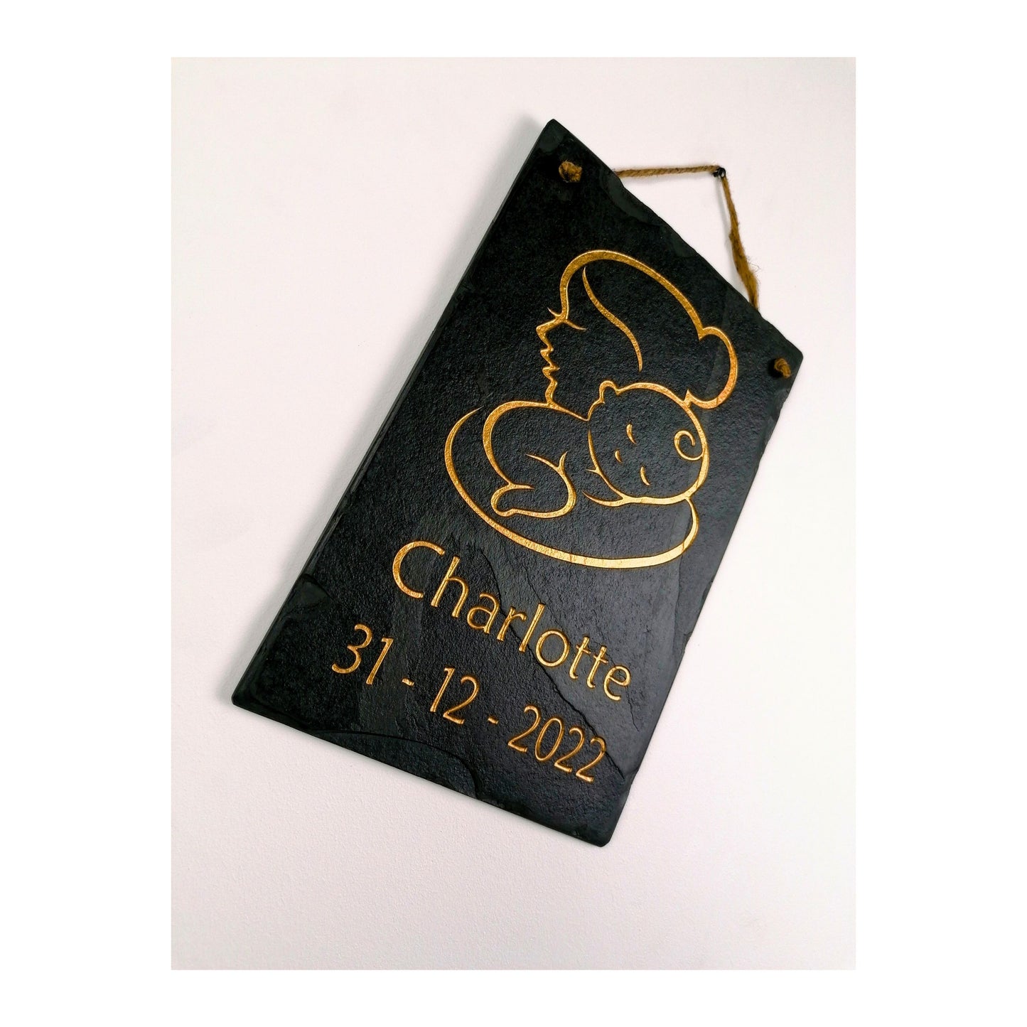 Gifts for Newborn Child Baby | Personalised Custom Art Drawing | Natural Slate Deep Engraved | Simple Line Art | Rustic Unique Bespoke Gift