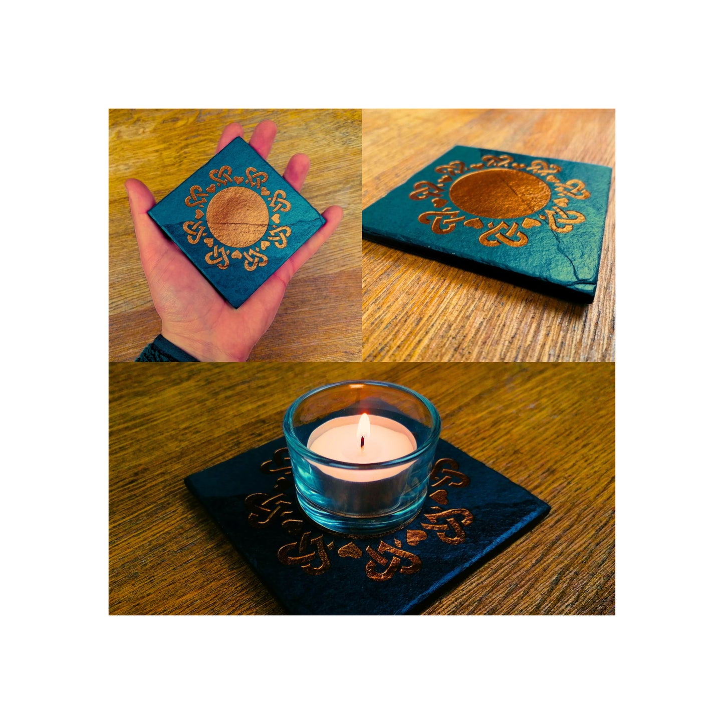Handmade Tealight Candle Holder | Deep Engraved Natural Slate | Unique Gift Idea | Made In Ireland | Gold Copper Silver | Modern Home Decor