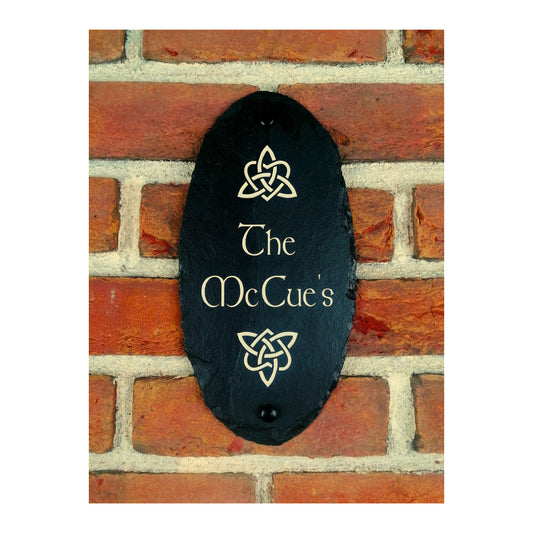 Deep Engraved Rustic Handmade | Oval Natural Slate House Sign | Plaque Door Number Street Name | Farmhouse Postcode | Celtic Knot Gaelic