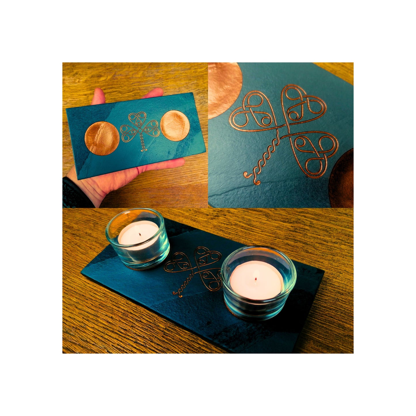 Handmade Tealight Candle Holder | Deep Engraved Natural Slate | Unique Gift Idea | Made In Ireland | Gold Copper Silver | Modern Home Decor
