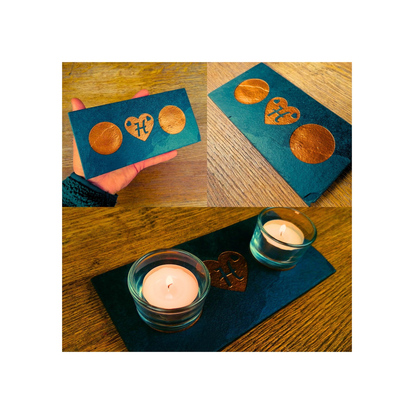 Handmade Tealight Candle Holder | Deep Engraved Natural Slate | Unique Gift Idea | Made In Ireland | Gold Copper Silver | Modern Home Decor