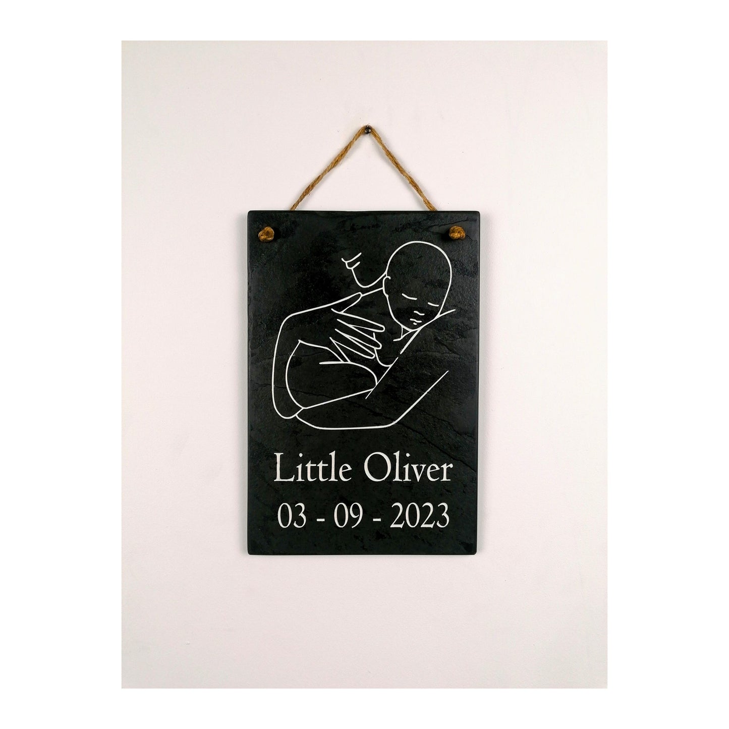Gifts for Newborn Child Baby | Personalised Custom Art Drawing | Natural Slate Deep Engraved | Simple Line Art | Rustic Unique Bespoke Gift