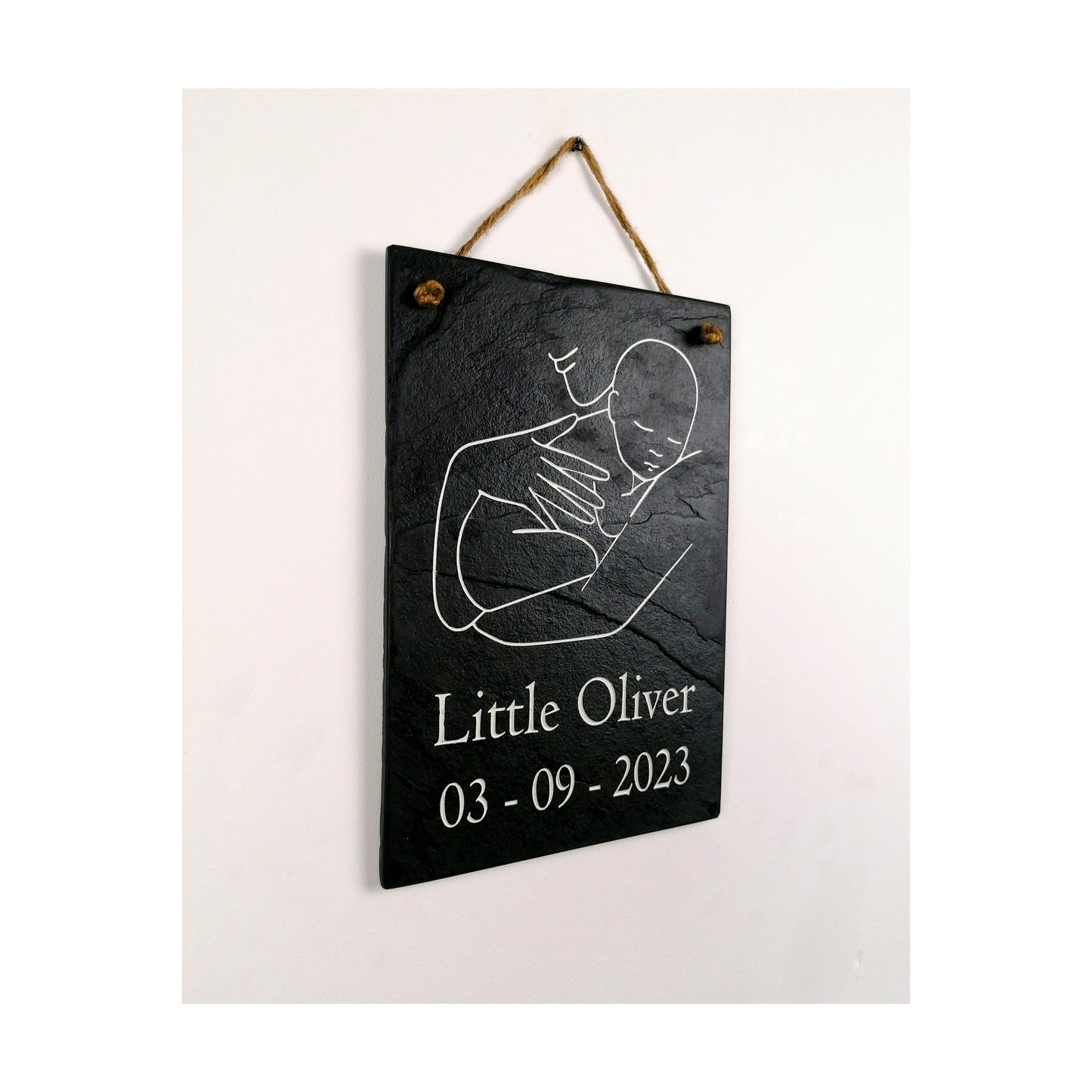 Gifts for Newborn Child Baby | Personalised Custom Art Drawing | Natural Slate Deep Engraved | Simple Line Art | Rustic Unique Bespoke Gift