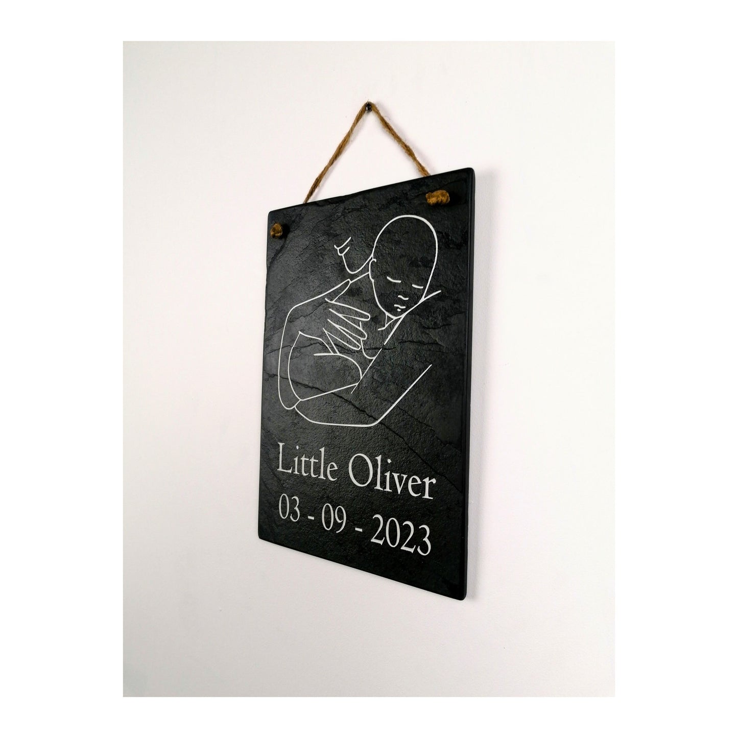 Gifts for Newborn Child Baby | Personalised Custom Art Drawing | Natural Slate Deep Engraved | Simple Line Art | Rustic Unique Bespoke Gift