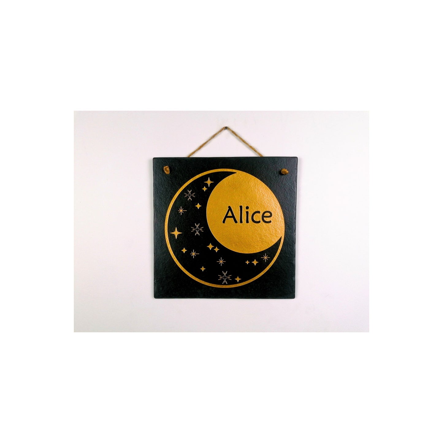 Bedroom Wall Hanging | Personalised Custom Art Drawing | Natural Slate Deep Engraved | Moon And Stars With Name | Rustic Unique Bespoke Gift