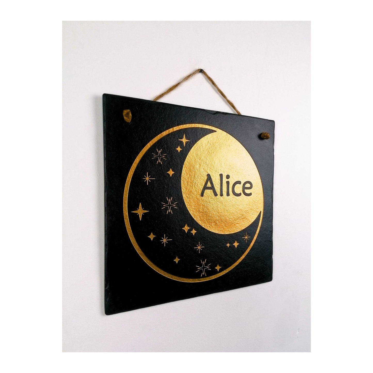Bedroom Wall Hanging | Personalised Custom Art Drawing | Natural Slate Deep Engraved | Moon And Stars With Name | Rustic Unique Bespoke Gift