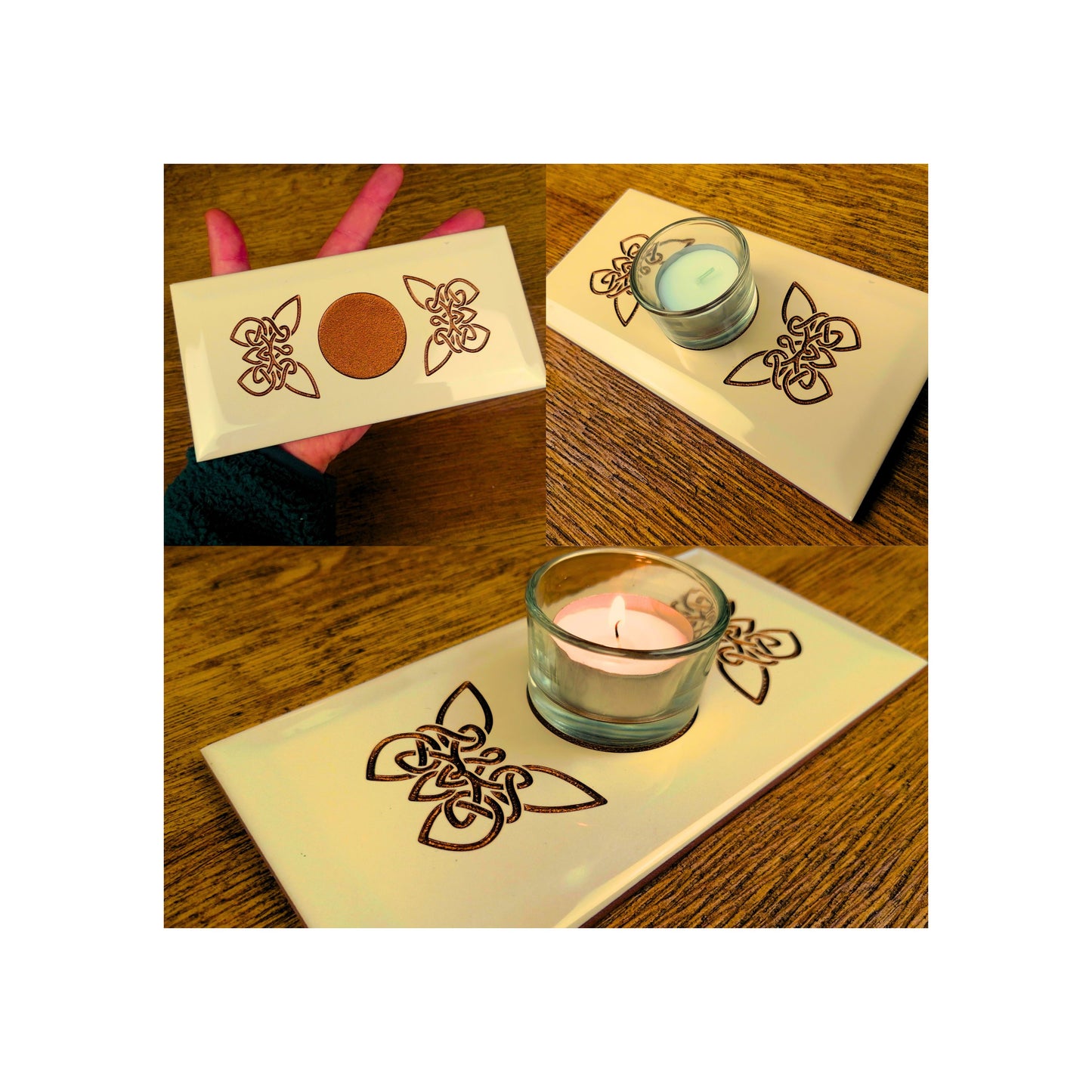 Handmade Tealight Candle Holder | Deep Engraved Ceramic Tile | Unique Gift Idea | Made In Ireland | Gold Copper Silver | Modern Home Decor