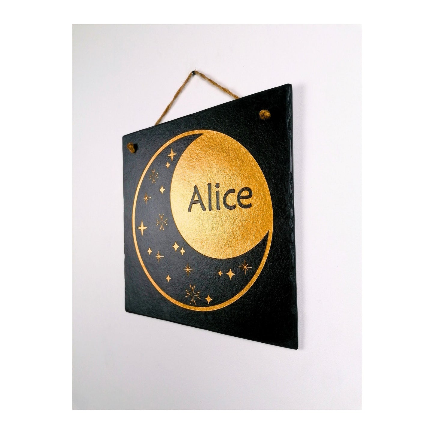 Bedroom Wall Hanging | Personalised Custom Art Drawing | Natural Slate Deep Engraved | Moon And Stars With Name | Rustic Unique Bespoke Gift