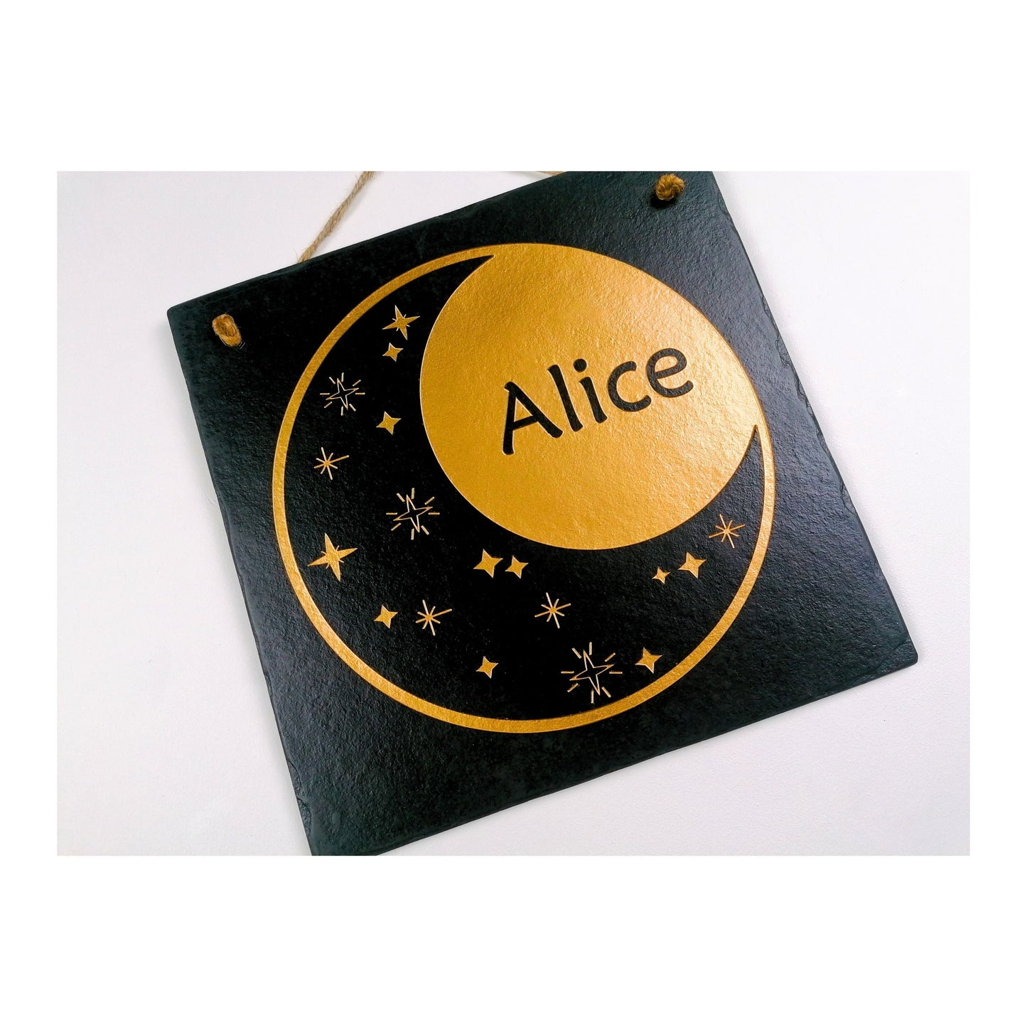 Bedroom Wall Hanging | Personalised Custom Art Drawing | Natural Slate Deep Engraved | Moon And Stars With Name | Rustic Unique Bespoke Gift