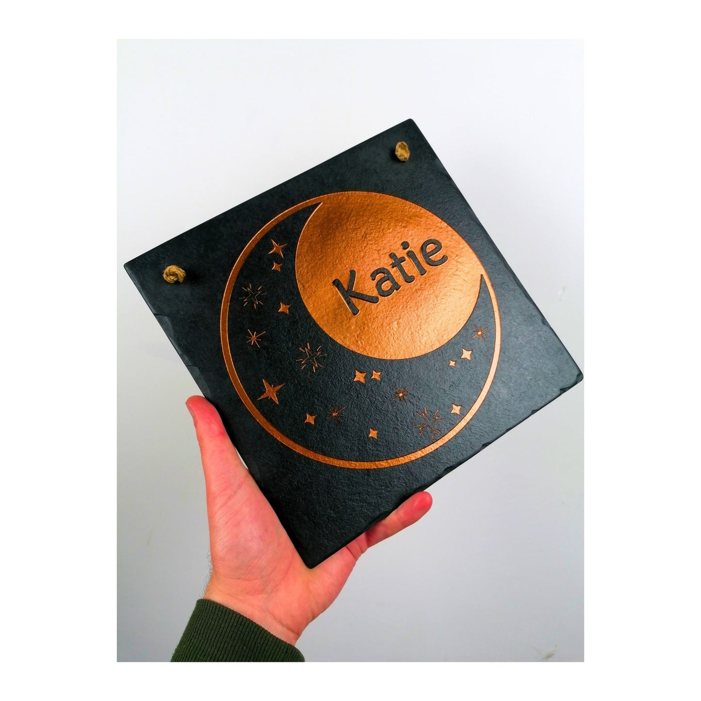 Bedroom Wall Hanging | Personalised Custom Art Drawing | Natural Slate Deep Engraved | Moon And Stars With Name | Rustic Unique Bespoke Gift