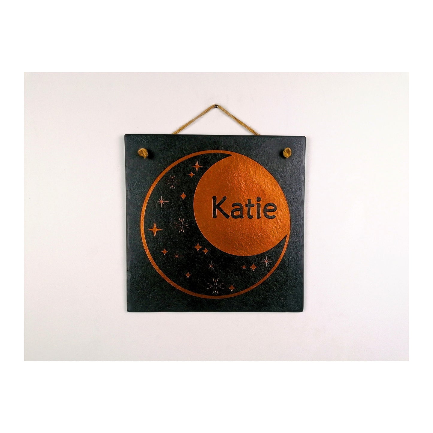Bedroom Wall Hanging | Personalised Custom Art Drawing | Natural Slate Deep Engraved | Moon And Stars With Name | Rustic Unique Bespoke Gift