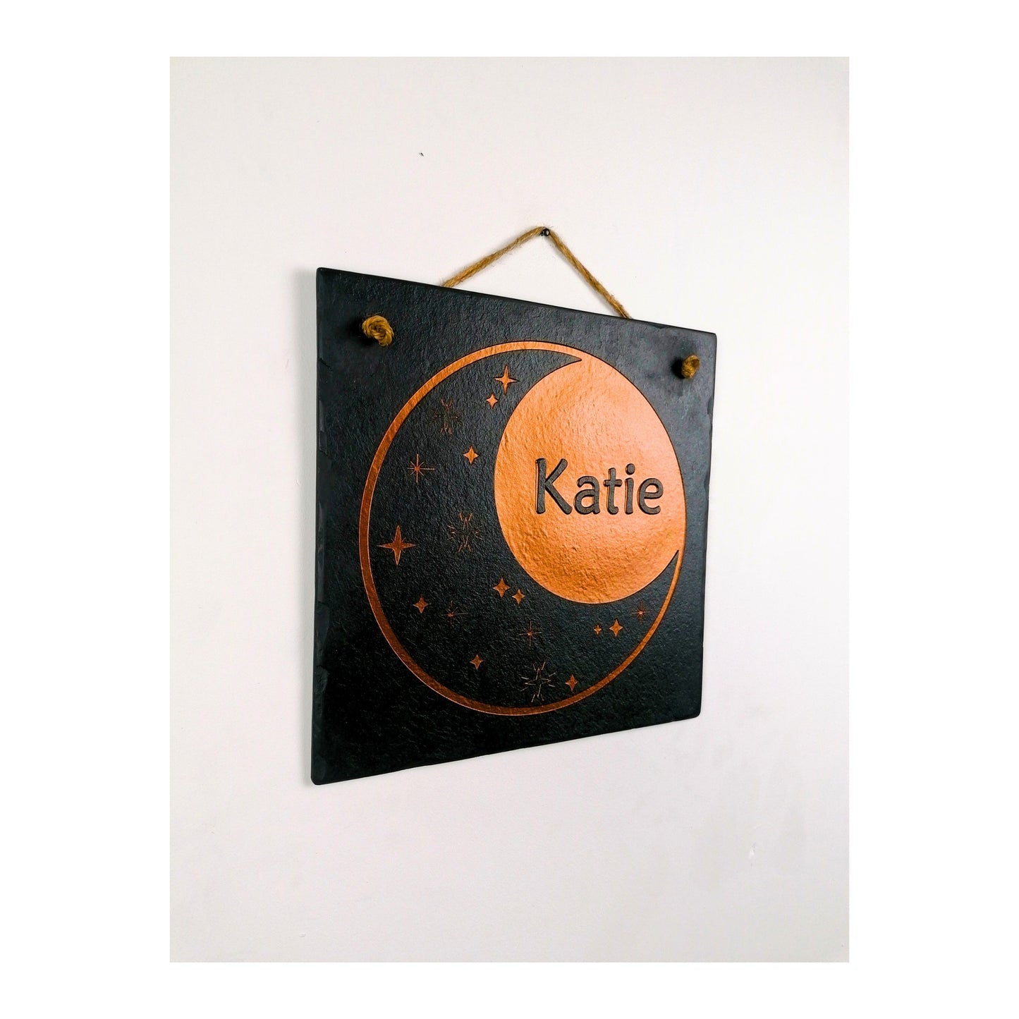 Bedroom Wall Hanging | Personalised Custom Art Drawing | Natural Slate Deep Engraved | Moon And Stars With Name | Rustic Unique Bespoke Gift