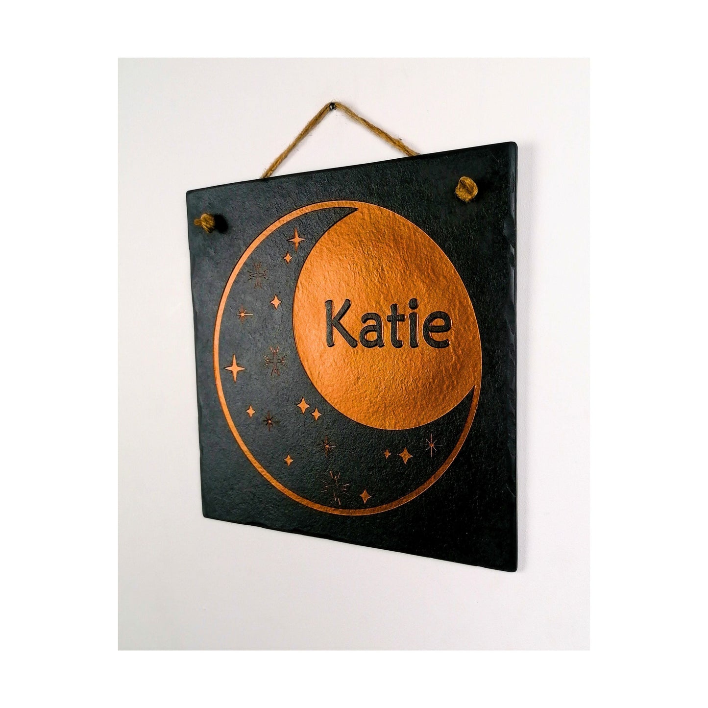 Bedroom Wall Hanging | Personalised Custom Art Drawing | Natural Slate Deep Engraved | Moon And Stars With Name | Rustic Unique Bespoke Gift