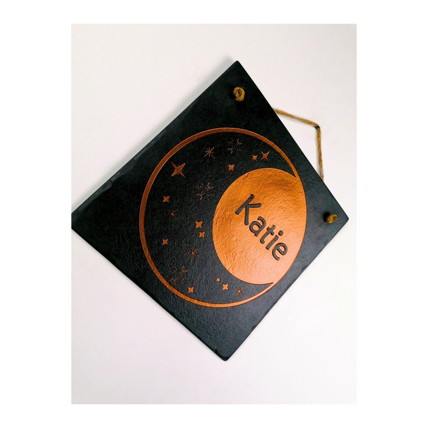 Bedroom Wall Hanging | Personalised Custom Art Drawing | Natural Slate Deep Engraved | Moon And Stars With Name | Rustic Unique Bespoke Gift