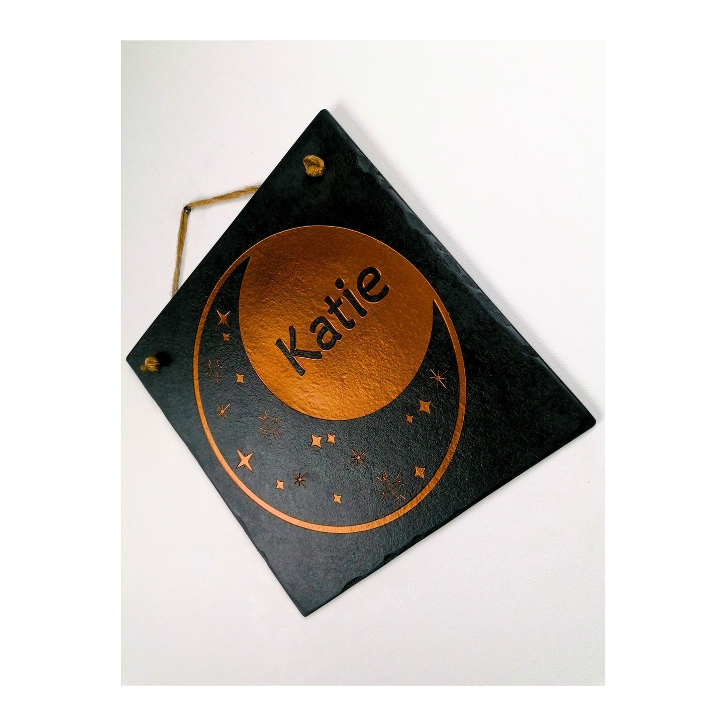 Bedroom Wall Hanging | Personalised Custom Art Drawing | Natural Slate Deep Engraved | Moon And Stars With Name | Rustic Unique Bespoke Gift
