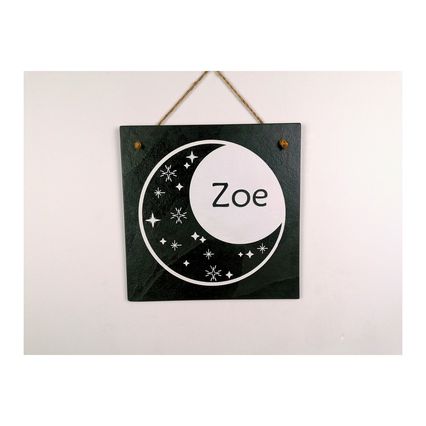 Bedroom Wall Hanging | Personalised Custom Art Drawing | Natural Slate Deep Engraved | Moon And Stars With Name | Rustic Unique Bespoke Gift