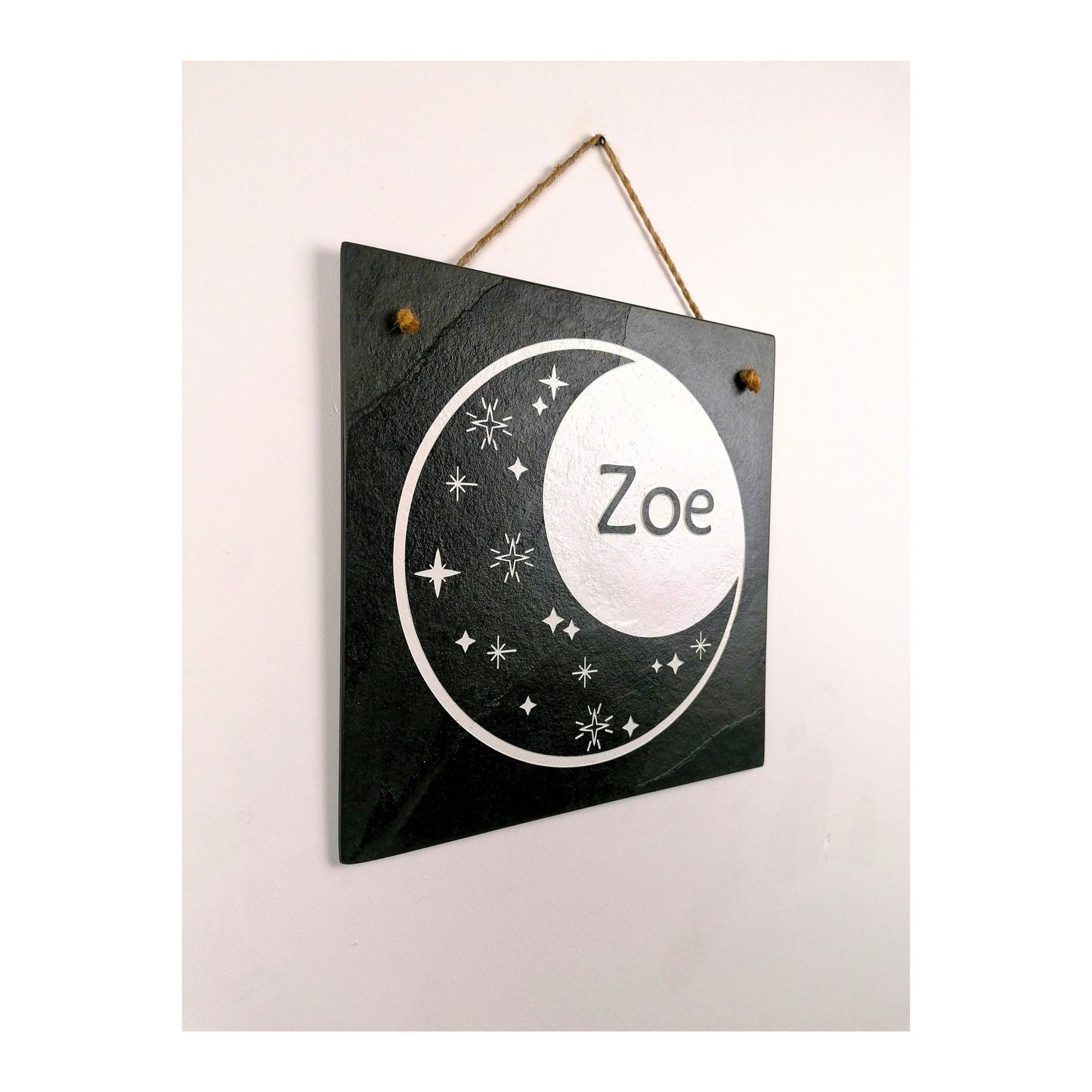 Bedroom Wall Hanging | Personalised Custom Art Drawing | Natural Slate Deep Engraved | Moon And Stars With Name | Rustic Unique Bespoke Gift