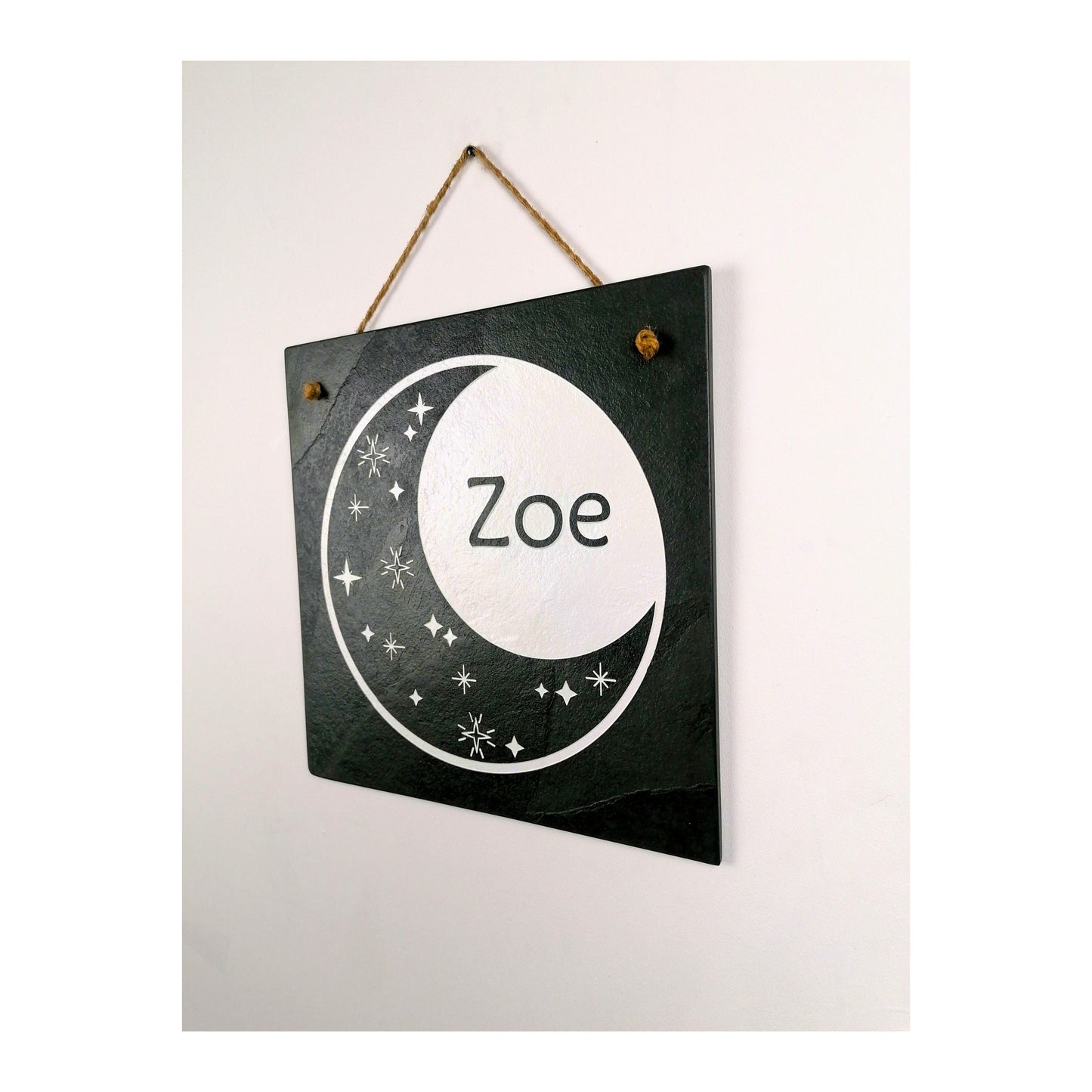 Bedroom Wall Hanging | Personalised Custom Art Drawing | Natural Slate Deep Engraved | Moon And Stars With Name | Rustic Unique Bespoke Gift