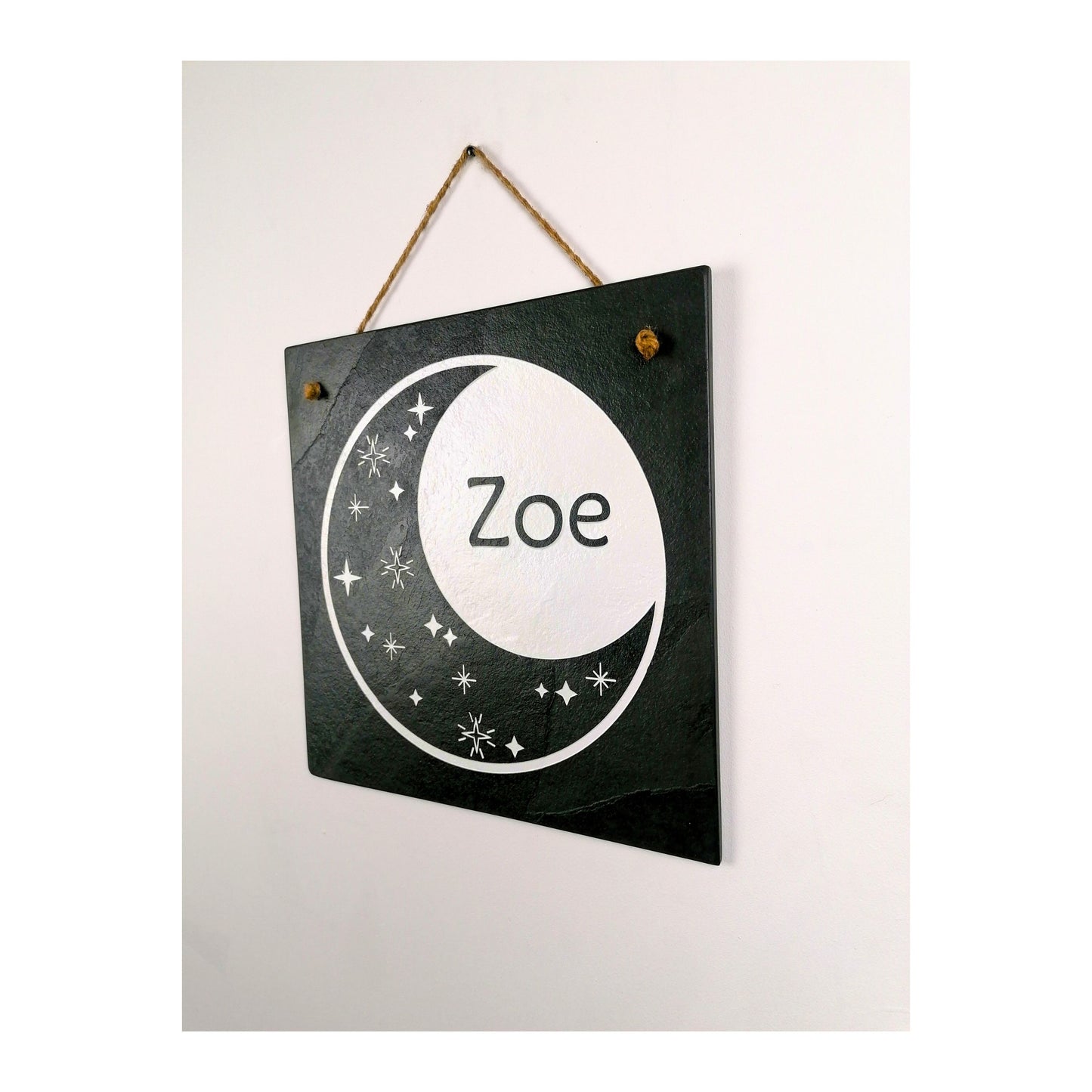 Bedroom Wall Hanging | Personalised Custom Art Drawing | Natural Slate Deep Engraved | Moon And Stars With Name | Rustic Unique Bespoke Gift