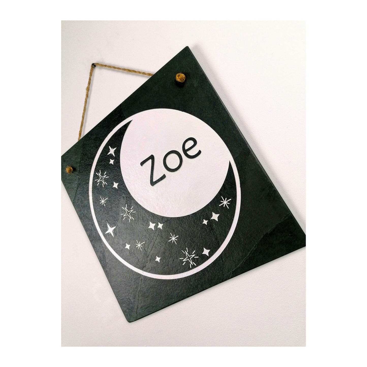 Bedroom Wall Hanging | Personalised Custom Art Drawing | Natural Slate Deep Engraved | Moon And Stars With Name | Rustic Unique Bespoke Gift
