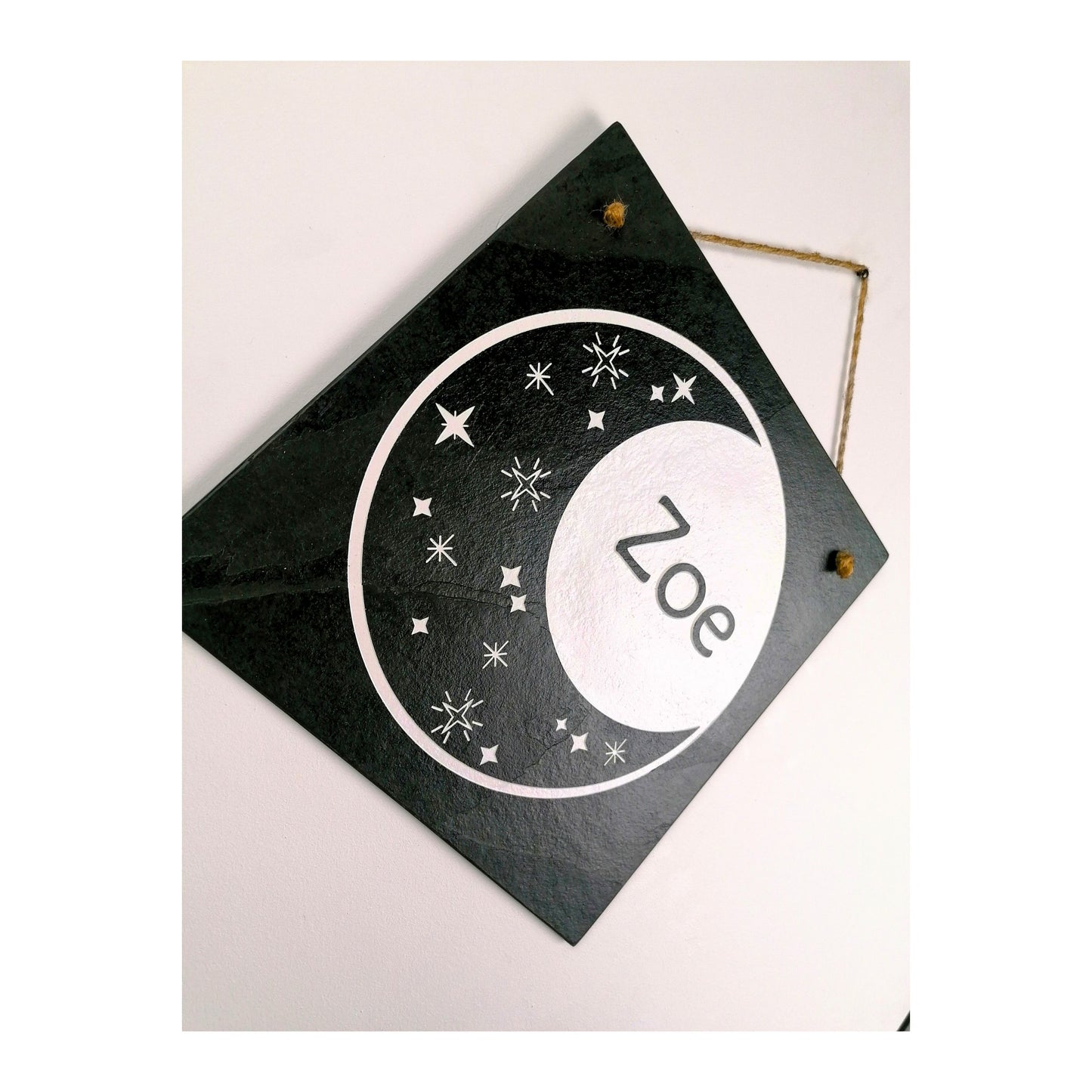 Bedroom Wall Hanging | Personalised Custom Art Drawing | Natural Slate Deep Engraved | Moon And Stars With Name | Rustic Unique Bespoke Gift