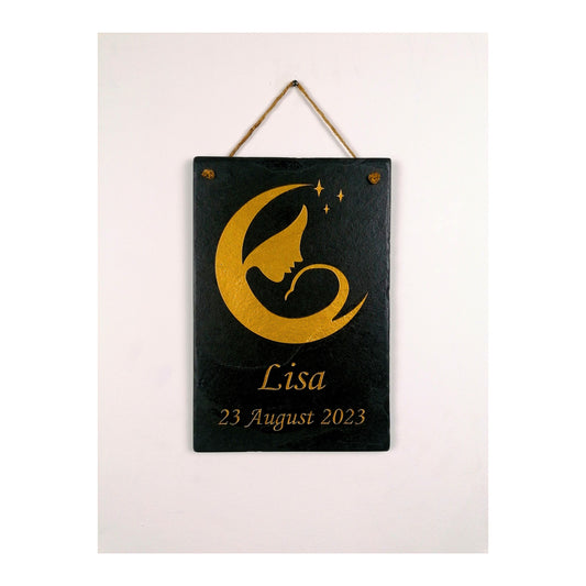 Gifts for Newborn Child Baby | Personalised Custom Art Drawing | Natural Slate Deep Engraved | Simple Line Art | Rustic Unique Bespoke Gift